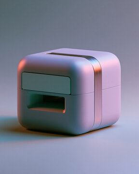 Small cubical device with rounded corners and metallic band in soft purple and blue lighting
