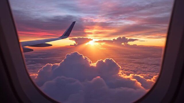 Airplane wing visible through window overlooking golden sunrise clouds motion footage for travel background video project