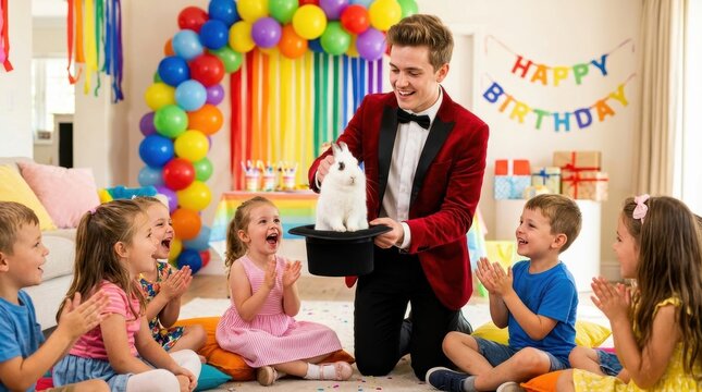 Magician performs a rabbit trick for excited children at a birthday party celebration