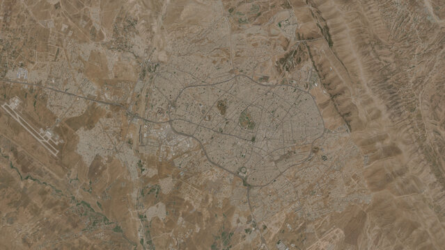 Top-down aerial 3D illustration of Sulaymaniyah, Iraq