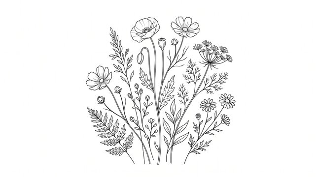Minimal botanical line art wild flowers vector, black outline, elegant, isolated on white background, editable EPS, SVG, AI, no text, no logo