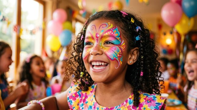 Joyful young girl with vibrant butterfly face paint at a birthday party celebration