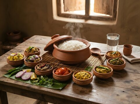 Traditional bengali meal with rice and assorted bhorta served in clat pot