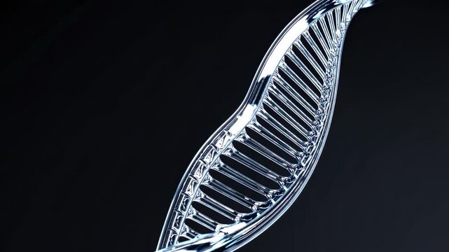 Transparent DNA double helix structure rotates gracefully against a dark background, showcasing intricate details of the molecular design and its helical form