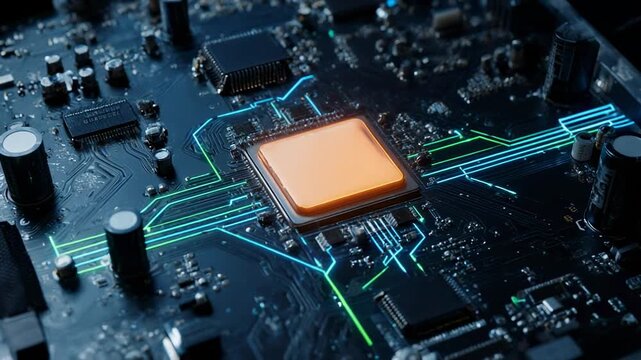 Central processing unit glowing with energy on a detailed circuit board during data flow