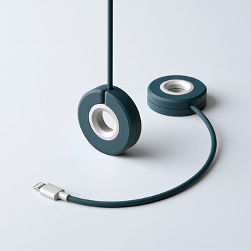 Dark teal circular cable organizers with centers and charging cord on a