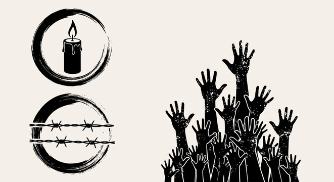 Human rights vector illustration, reaching hands silhouette with candle and barbed wire icons, social justice and freedom concept art