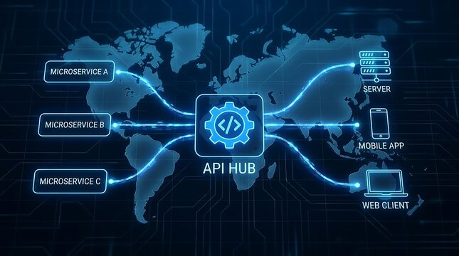 Digital API hub connecting microservices and client devices