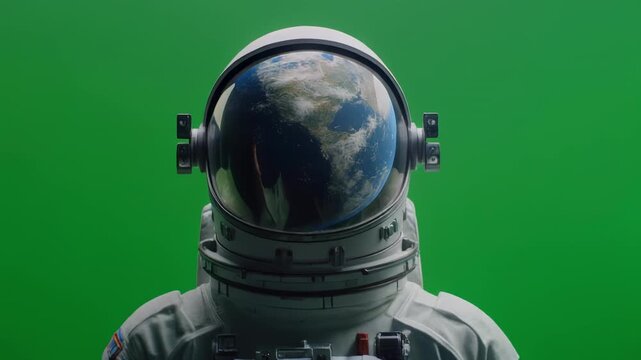Astronaut in helmet facing forward with planet reflection on green screen background