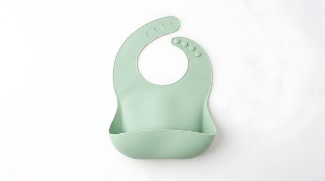 Mint green silicone baby bib with catch pocket on white background