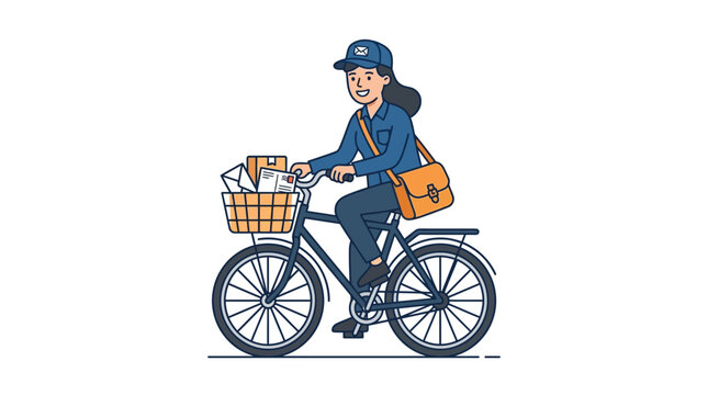 A female postal worker riding a bicycle to deliver mail packages