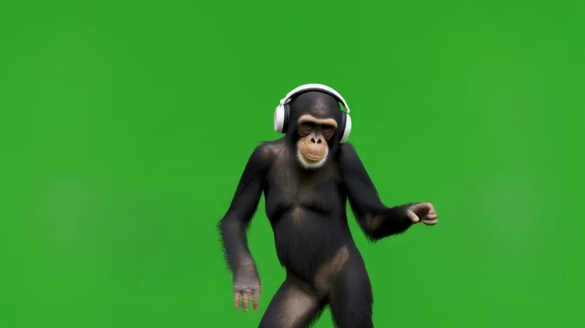 Chimpanzee wearing headphones dancing energetically against a green screen background