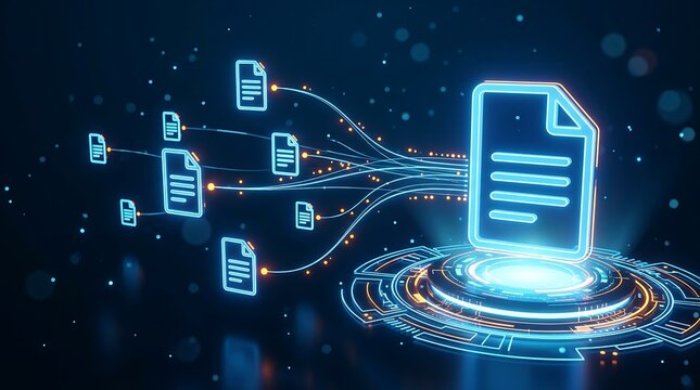 Digital transformation and data compilation, multiple file icons feeding into organized system, futuristic technology and information processing concept.