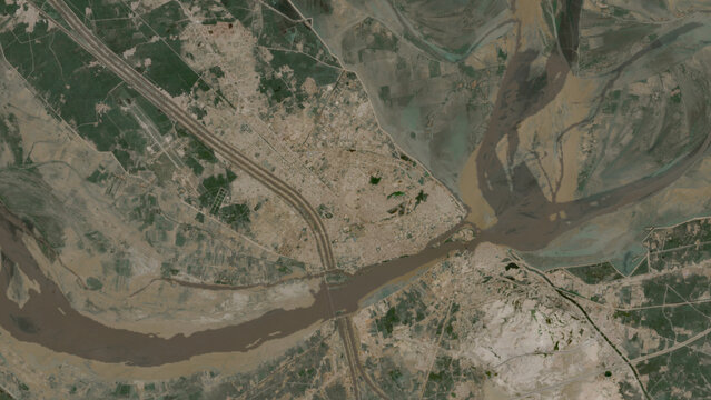 Top-down aerial 3D illustration of Sukkur, Pakistan