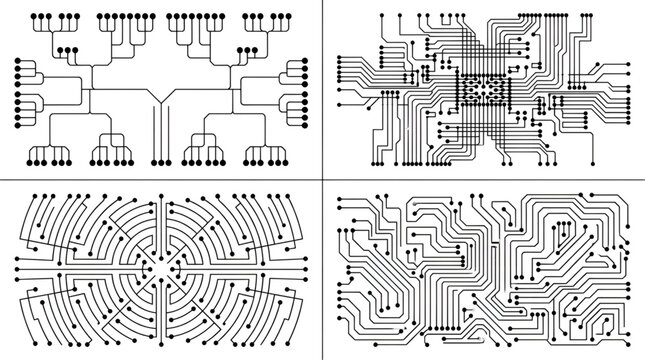 Abstract electronic circuit board pattern set monochrome vector collection