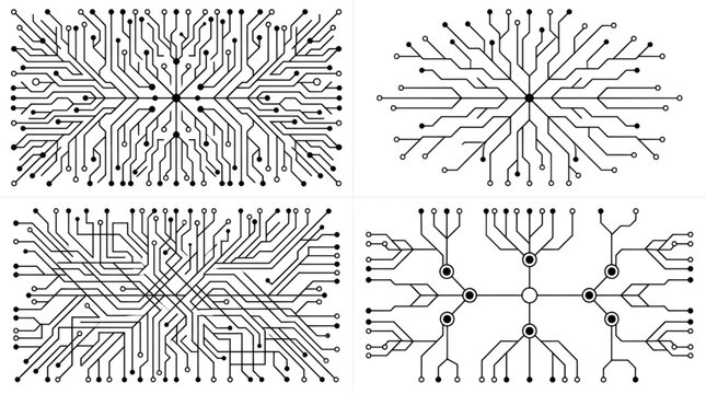 Black and white circuit board pattern collection with electronic line networks