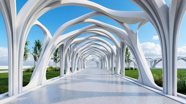 Futuristic White Parametric Pavilion Corridor with Curved Arches and Minimalist Architectural Walkway