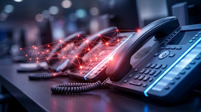 Digital network connecting multiple modern ip phones on office desk, technology concept, communication system, business network connections, futuristic technology abstract overlay.