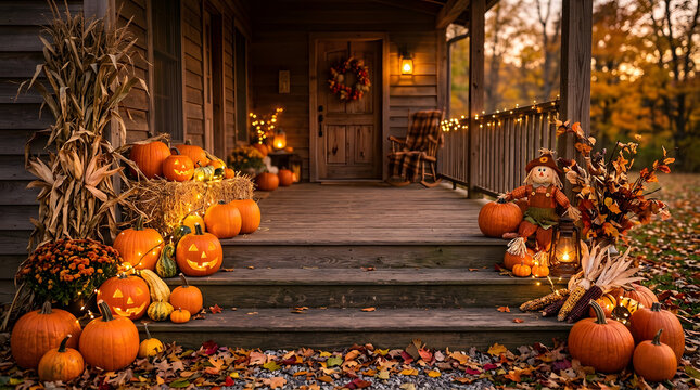 Porch decorated with pumpkins scarecrow and autumn leaves for Halloween season