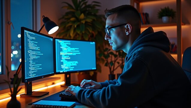 Focused male coder typing at dual monitors with programming code, dim home office, warm desk lamp, night city view through window, moody blue ambient lighting