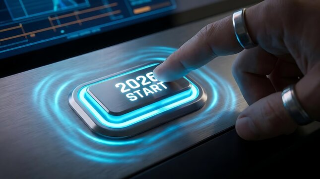 Hand pressing glowing button for new year start