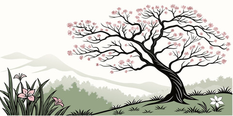 Blossoming cherry tree in full bloom against a serene landscape backdrop, blossoms pink flowers tree trunk © Sp