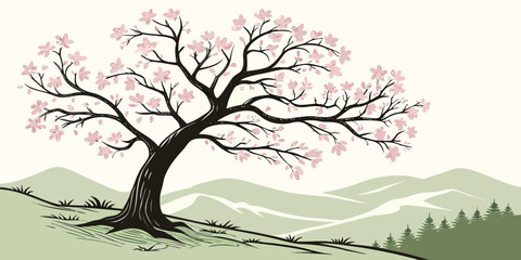 Blossoming cherry tree in full spring bloom against green hills blossoms pink flowers © Sp