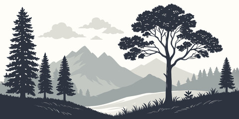 Snow-capped mountain landscape with evergreen trees and clear sky pine trees © Sp