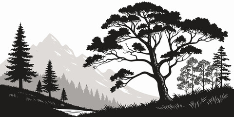 Snowy mountain landscape with pine trees and a lone tree silhouette winter © Sp