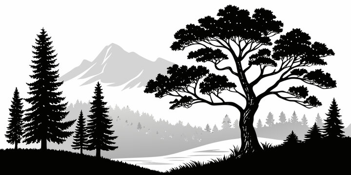 Snow-covered mountain landscape with evergreen trees and bare deciduous tree, winter scene pine tree