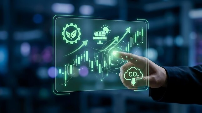 Hand touching digital green energy and finance interface