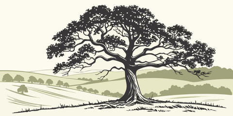Black and white of a tree with a full canopy on a grassy hillside tree black and white monochrome tree canopy © Sp