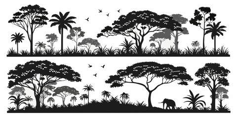 Black and white of a savanna with animals and trees zebra giraffe © Sp