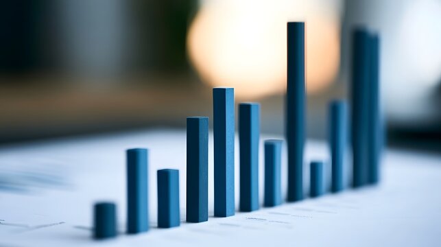 Blue bar chart model on paper surface with shallow depth of field and soft background lighting
