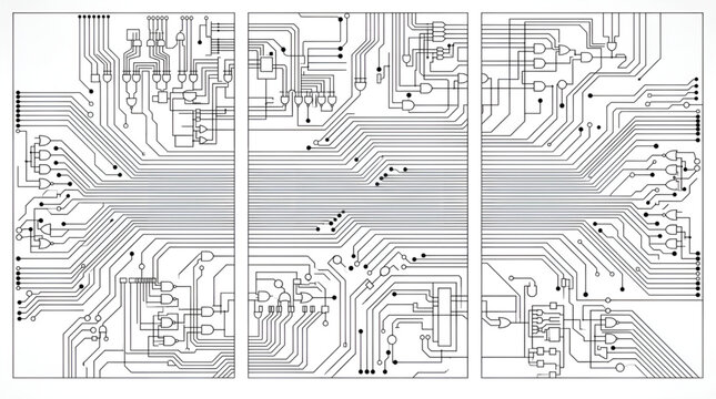 Black and white circuit board pattern with electronic lines and connections