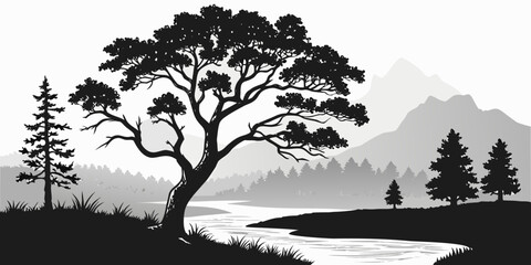 Solitary pine tree silhouetted against snow-capped mountain range at dawn snow-capped peaks dawn sky © Sp