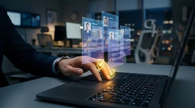 Hand using laptop with holographic candidate profile interface