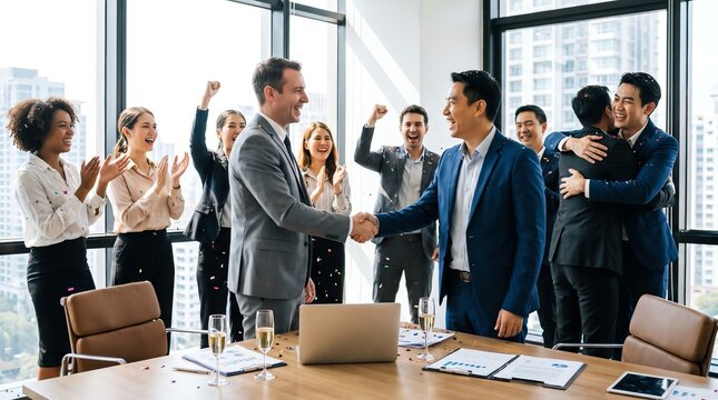 Two successful businessmen handshaking with cheering diverse team celebrating contract agreement in modern office boardroom
