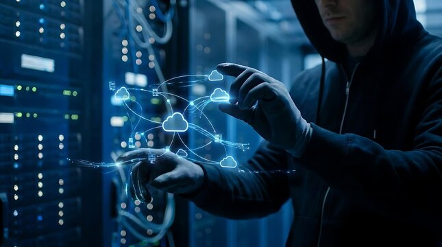 Person interacting with digital cloud network in data center
