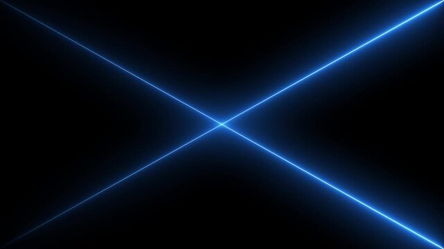 abstract flickering blue neon cross lines on black background.futuristic glowing laser x shape animation.blue light beams intersecting in center. neon crosshair or error symbol overlay, 4k neon video.