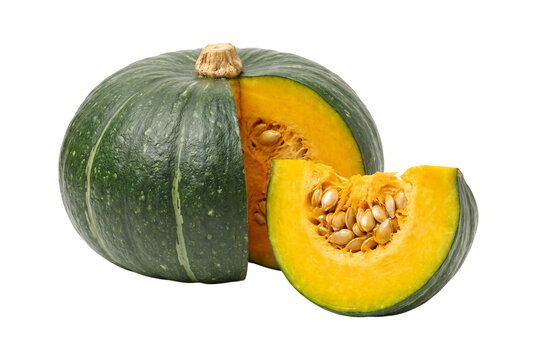 Cut kabocha squash with seeds isolated on transparent background