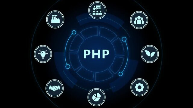 Php programming language concept with digital hud interface and business coding software development