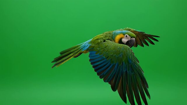 Blue and gold macaw in flight during cinematic motion against a clean green screen background