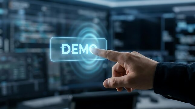 Person touching glowing demo button in technology room