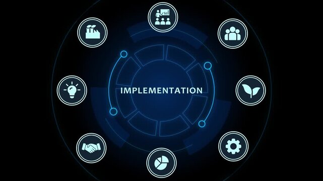 Implementation strategy concept with digital business and hud interface technology