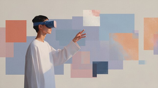 Virtual reality, Digital technology. Person interacts with immersive VR interface using a headset for metaverse, spatial computing, education and future human computer interaction.