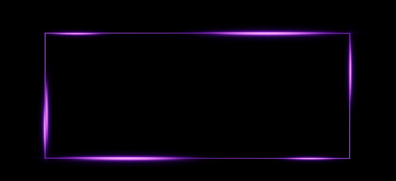  Elegant deep violet neon glowing rectangle frame with sleek electric light borders on black background