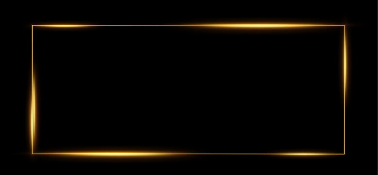  Luxury golden neon glowing rectangle frame with bright light elements on black background