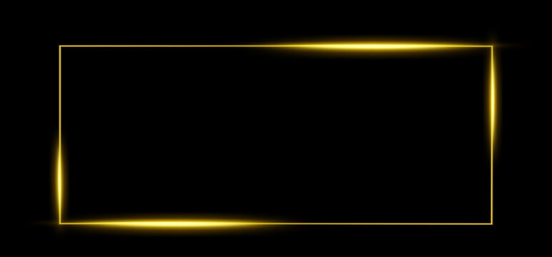 Luxury golden neon glowing frame with shiny electric light lines on black background