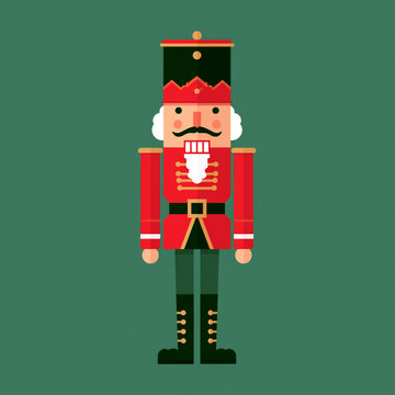 Cute Christmas nutcracker soldier character in red uniform and green hat, isolated on green background.